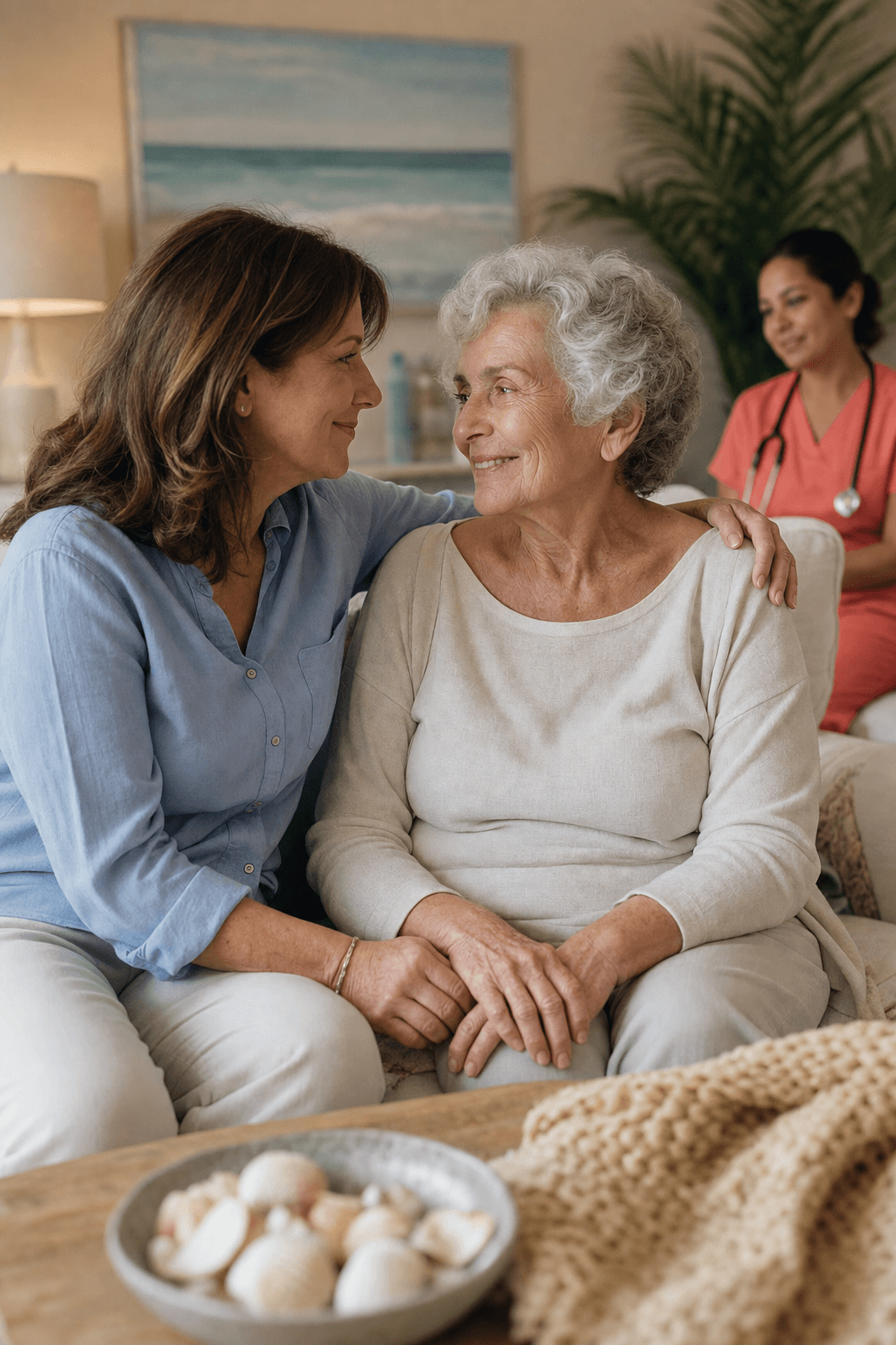 An adult daughter comforting her mother while a hospice nurse sits nearby